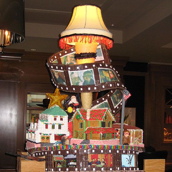 Gingerbread House decorated in theme of A Christmas Story movie.